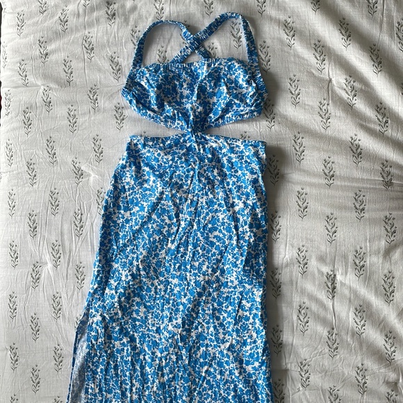 Zara Cutout Midi Linen Blend Dress Blue and White European Floral XS - Picture 3 of 10